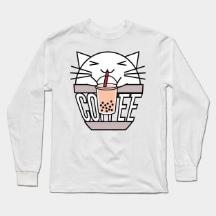 Cat in coffee cup with warped text drinking boba Long Sleeve T-Shirt